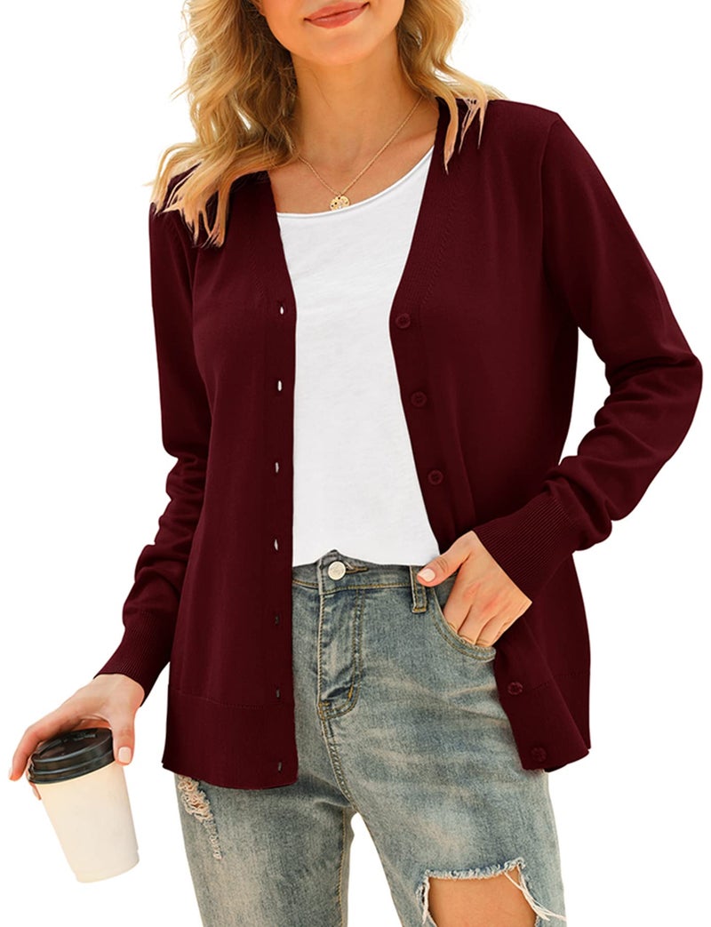 VIISHOW Women's Women's Long Sleeve Button Down Vee Neck Classic Sweater Knit Cardigan, Wine red, Large - Image 1